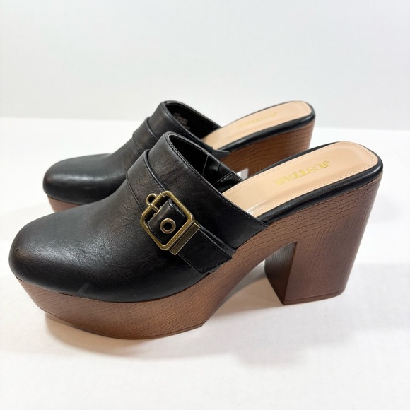 Just Fab Jenica Chunky Mules Size 8 Black Faux Leather Wood Clogs Y2K 90s Casual - Picture 1 of 12